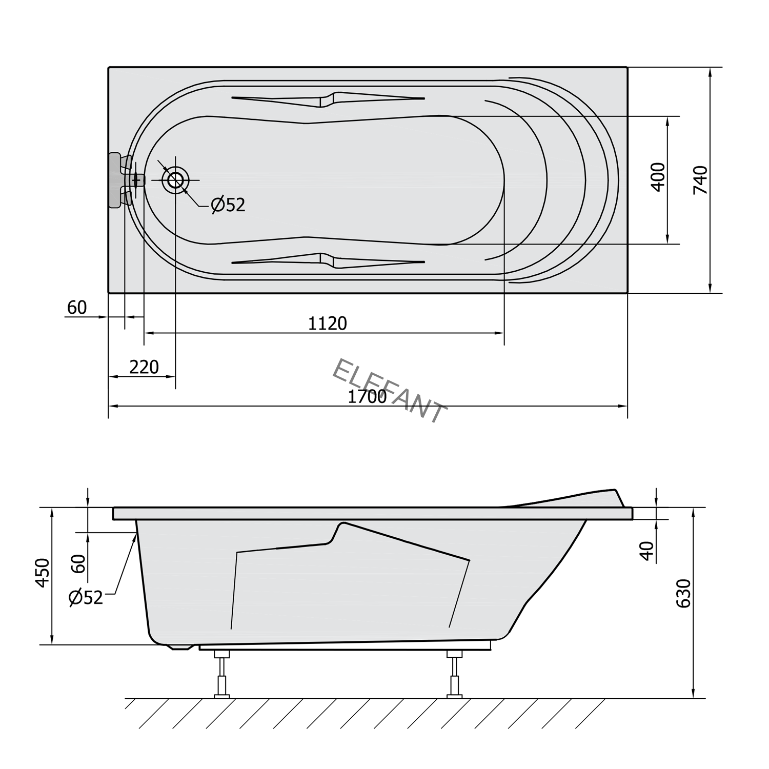 ADRIANA obdélníková vana 170x74x45cm, bílá
